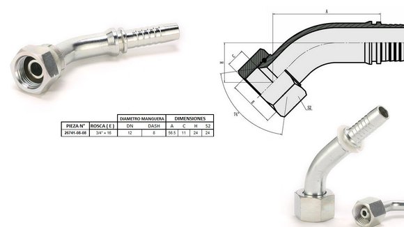 Imagen de HEMBRA CURVA 45° JIC 3/4'' UNF X 16F 08 MANG.1/2''